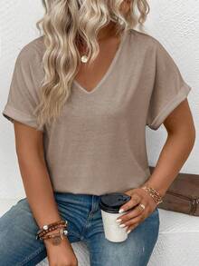 EMERY ROSE Women's Casual V-Neck Turnover Cuff Short Sleeve All-Match Versatile Plus Size T-Shirt, Spring/Summer - Khaki - View 3