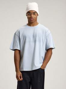 Musero Crew Neck Boxy Short Sleeve Drop Shoulder "WORK HARD" Graphic Print Tshirt Top Autumn Winter Essentials - Baby Blue - View 1