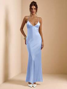 SHEIN BAE Váy đuôi cá dài, hở lưng, cổ chữ V sâu màu mơ và trắng, dây mảnh, chất liệu satin, buộc nơ, đầm thanh lịch, đầm đi nghỉ, đầm phù dâu, đầm dự tiệc sinh nhật, đầm tốt nghiệp/trở lại trường, đầm trắng - Màu xanh nhạt - Xem 5