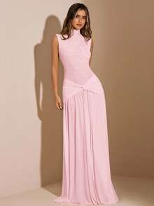 SHEIN BAE Đầm ôm sát dài không tay cổ cao thanh lịch, màu vàng, màu kem vàng, đầm sinh nhật, đầm hẹn hò, đầm dự tiệc ngày lễ, đầm dạ hội - Màu Hồng  San hô - Xem 6