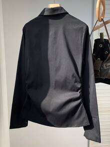 MainGRL 女士黑色休闲收腰褶皱衬衫，长袖上衣 - 黑色 - 查看 2