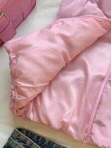 CovetEZ 女士纯色前拉链短款加垫背心夹克，冬季 - 粉色 - 查看 7