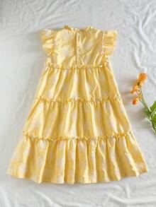 SHEIN 1件女童镂空纹理面料立领A字度假连衣裙，春夏款 - 黃色 - 查看 2