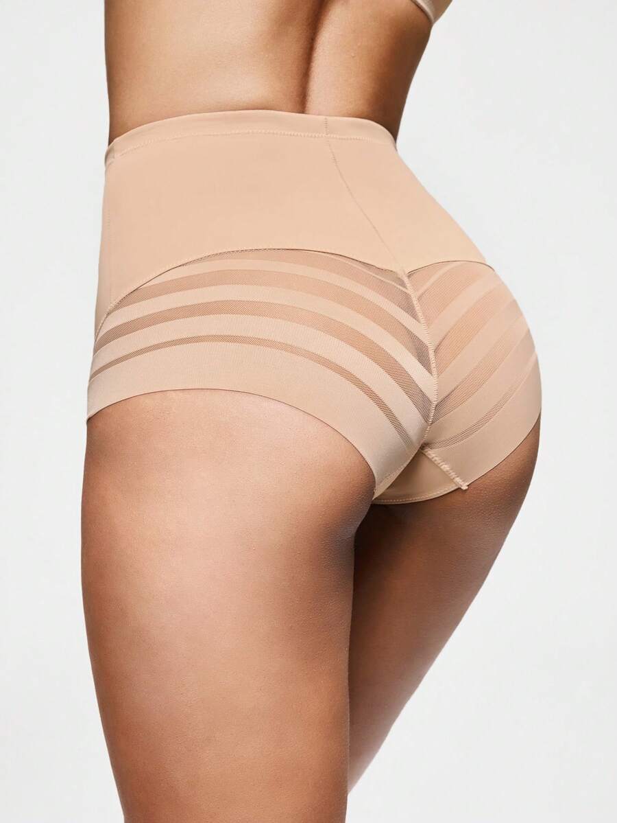 SHEIN Women's Solid Color High Waist Comfortable Breathable Sheer Shapewear Bottom - Apricot - View 1