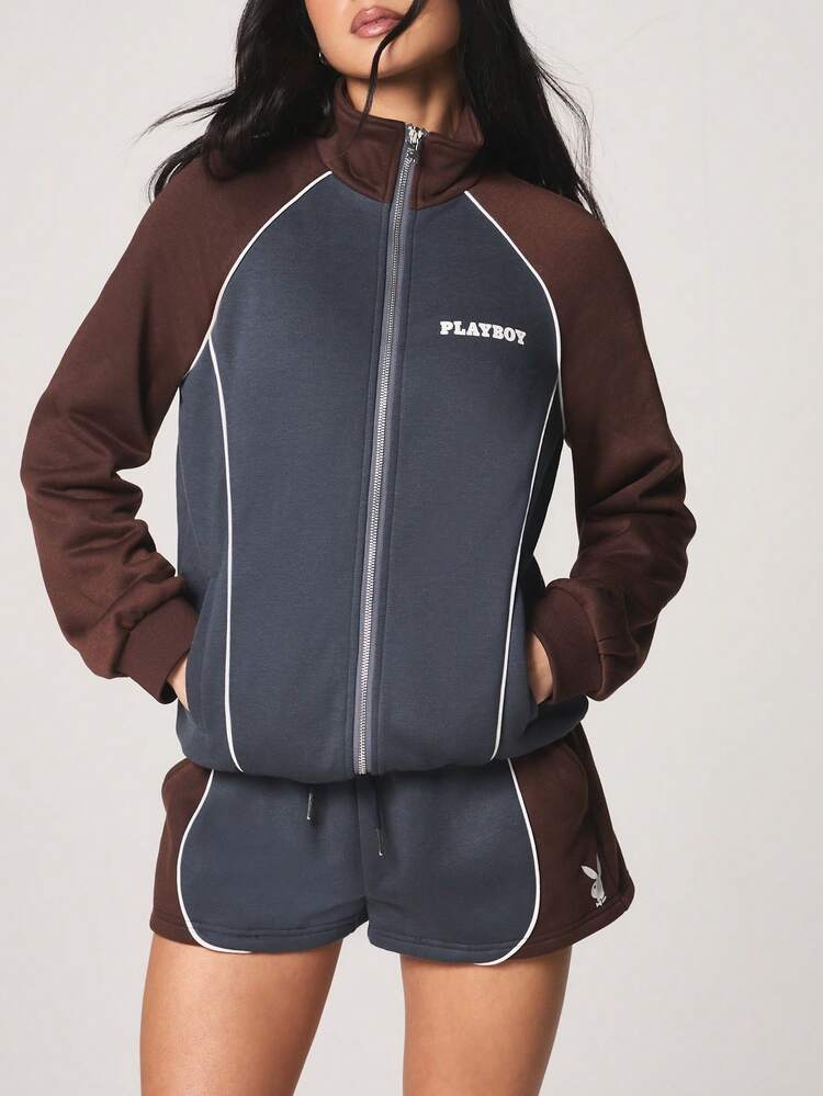 Missguided x Playboy Color Block Panelled Zip Through Sweatshirt With Funnel Neck And Long Sleeves For Casual Streetwear