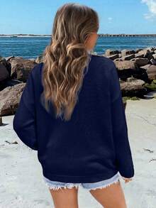 SoleilVie Flag Pattern Drop Shoulder Long Sleeve Sweater,Long Sleeve Tops, Knit Pullover Fall Winter - Royal Blue - View 2