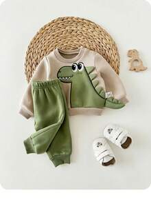 Newborn Baby Boy/Girl Cute Cartoon Pattern Long Sleeve Sweatshirt Set, Casual For Autumn/Winter - Multicolor - View 2