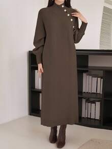 DAZY Women's Casual Everyday Commute Simple Solid Color High Neck Lantern Sleeve Button Decor Loose Knit Sweater Dress, Autumn/Winter - Coffee Brown - View 3
