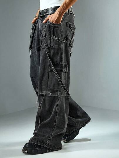 Street Life Jeans cargo casual lavati a gamba ampia da uomo