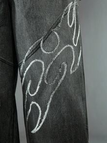 ROMWE MEN 男士口袋纽扣火焰印花休闲阔腿牛仔裤 - 墨綠色 - 查看 4