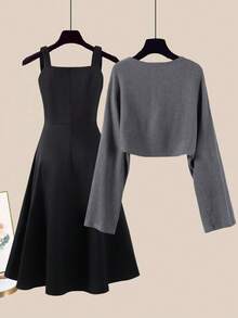 GlowEve 女士不规则下摆针织套头衫和收腰A字连衣裙套装，休闲日常法式优雅通勤时尚复古商务度假装，灰色长袖针织衫和深灰色连衣裙，早春/秋季新品两件套 - 彩色 - 查看 2