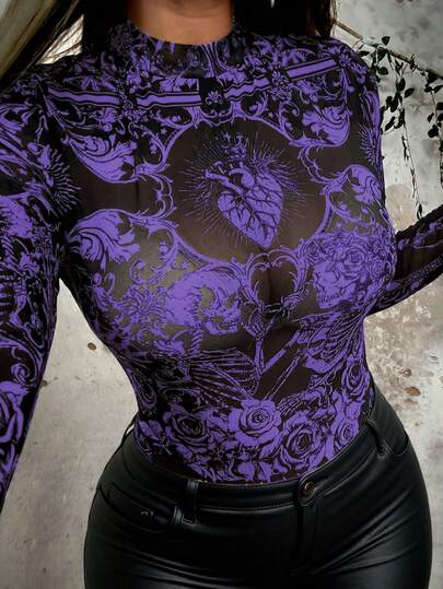 Whyspr Blusa de mujer de manga larga, cuello redondo, elegante, vintage y casual, con estampado de calavera y rosa, contraste de color y malla transparente, para vacaciones, talla grande, estilo punk rock