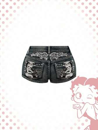 Betty Boop | ROMWE Pantalones cortos de mezclilla con bordado de pistola de cintura baja estilo vintage Y2K punk para mujer