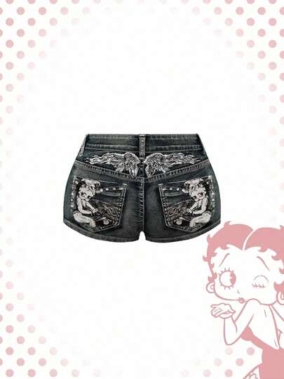 Betty Boop | ROMWE Women's Vintage Y2K Punk Style Low Waist Super Short Pistol Embroidered Denim Shorts