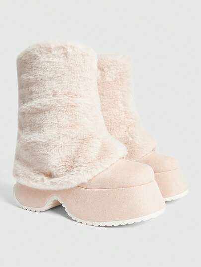 Sugerpunk Women's Thick Sole Fashionable Patchwork Faux Fur Mid-Calf Boots Valentine's Day