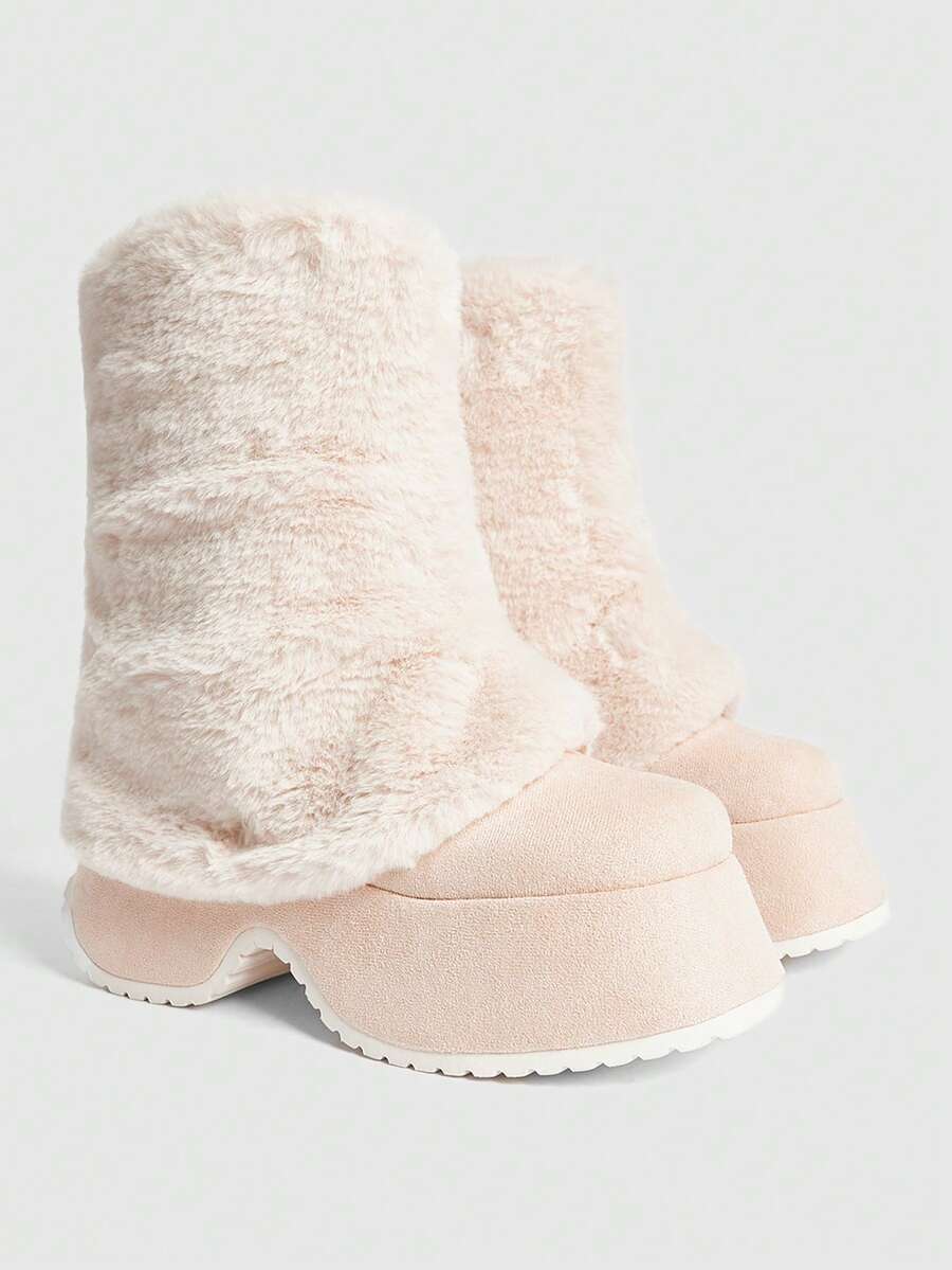 Sugerpunk Women's Thick Sole Fashionable Patchwork Faux Fur Mid-Calf Boots Valentine's Day - Beige - View 1