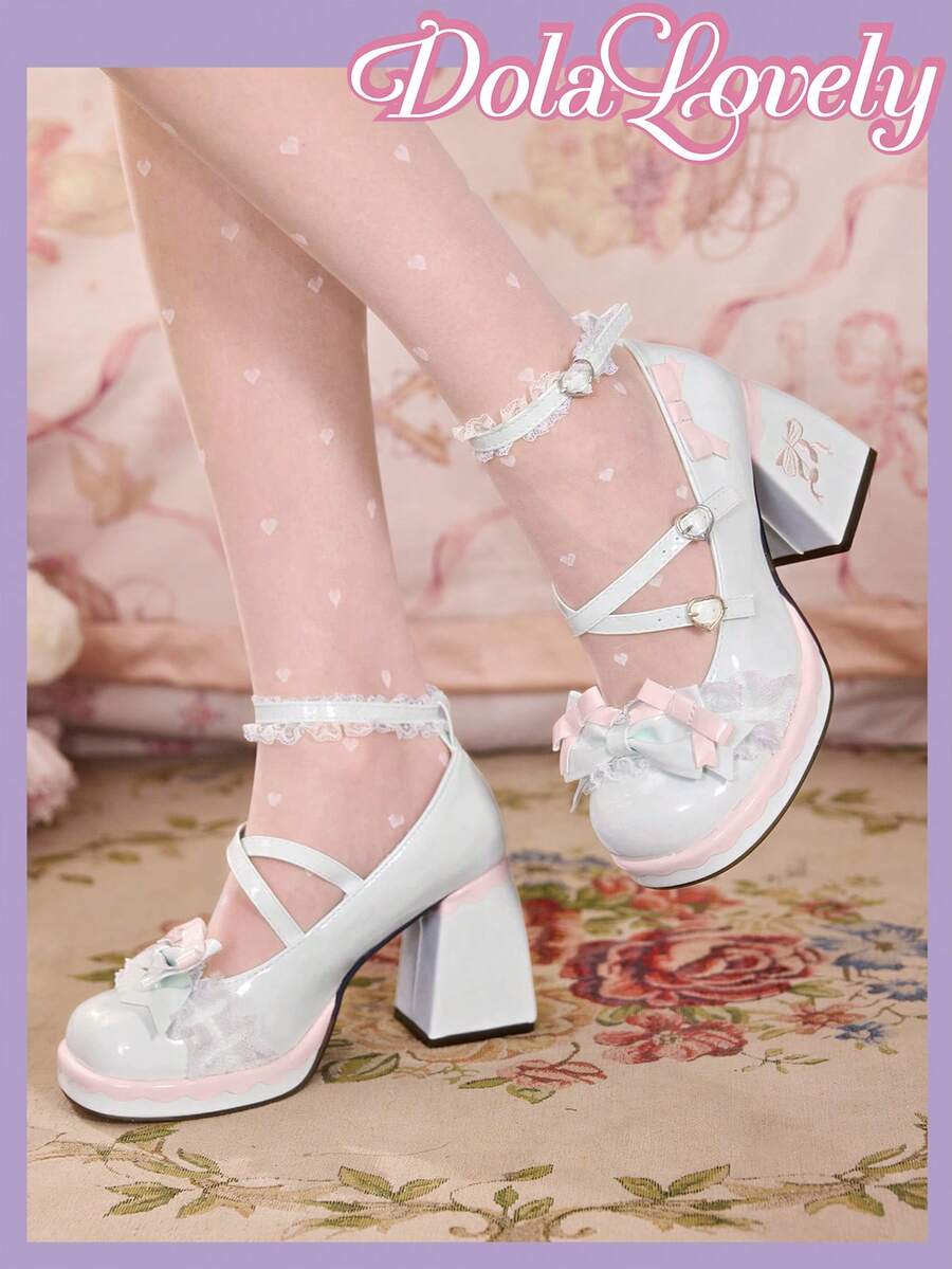 Dola Lovely 女士时尚甜美蝴蝶结装饰蕾丝边高跟鞋 - 淡綠 - 查看 1
