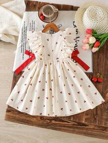 SHEIN LMoss Kids 少女碎花圆领荷叶边撞色蝴蝶结休闲连衣裙 - 粉色 - 查看 7