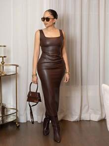 Melissa Matos PU 皮革女士棕色连衣裙，鸡尾酒会生日礼服，冬季秋季优雅派对礼服，正式礼服，晚礼服别致婚礼，外出装 - 棕色 - 查看 1