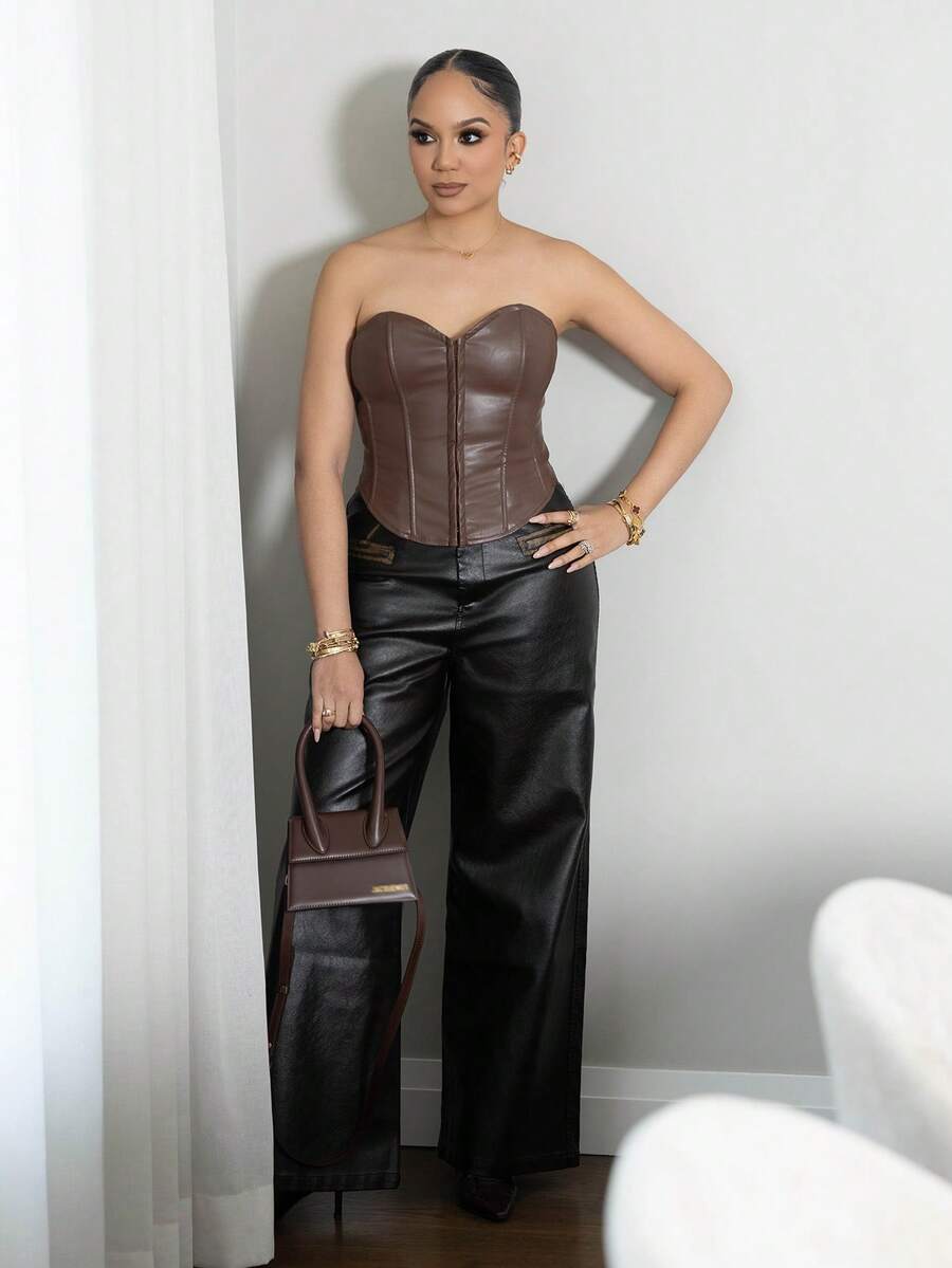 Melissa Matos Solid PU Leather Bustier Tube Brown Breast Cup Waist Shaping Corset Top