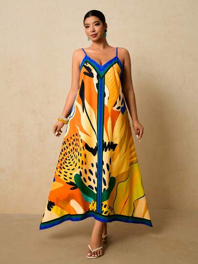 Travachic Plus Size Women's V-Neck Asymmetrical Hem Placement Print Vacation Dress, Sun Dress,Suitable For Holiday , Afternoon Tea, Wedding Season, Beach Cruise Vacation, City Road Trip Vacation, Boho Vacation, Music Festival ,Elegrant Dress For Women