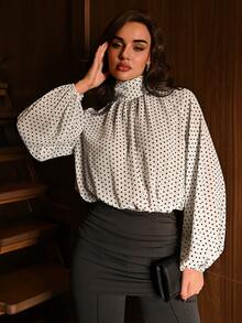 Modelyn Polka Dot High Neck Long Sleeve Fashionable Blouse For Women - White - View 5