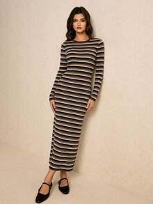 Poéselle Vestido casual de mujer de manga larga con cuello redondo y rayas, estilo vintage, para otoño - Marrón - Ver 6