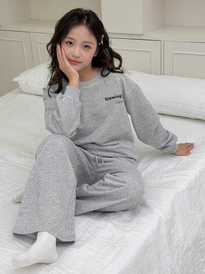 DAZY 2pcs Tween Girl Tween Girls Graphic Print Crew Neck Sweatshirt And Pants Loungewear Set, Fall