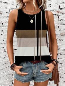 SHEIN LUNE Women's Striped Crew Neck Casual Versatile Tank Top Spring Beach Outfit - Multicolor - View 3