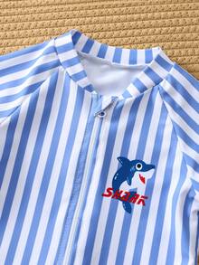 SHEIN 2pcs/Set Unisex Baby Clothes, Baby Boy Summer Casual Vacation Blue & White Striped Shark Print Romper And Hat, Suitable For Beach, Pool, Spa Swimming - Multicolor - View 8
