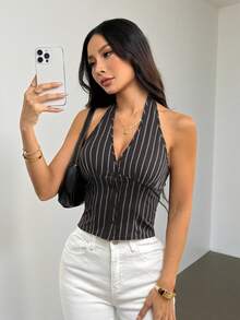 SHEIN PETITE Women Cotton Striped Stand Collar Single-Breasted Vest Thin Blazer In Fall/Summer And Summer Stripe Top Low Cut Top - Dark Grey - View 2