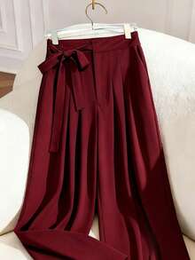 SHEIN ChicEase 新款纯色深红色直筒裤，修身女裤 - 紅木色 - 查看 3