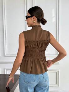 Serisse Women's Summer Casual/Work Solid Color Front Button Ruffle Hem Blouse Brown Tops For Women Brown Blouse Elegant - Coffee Brown - View 2