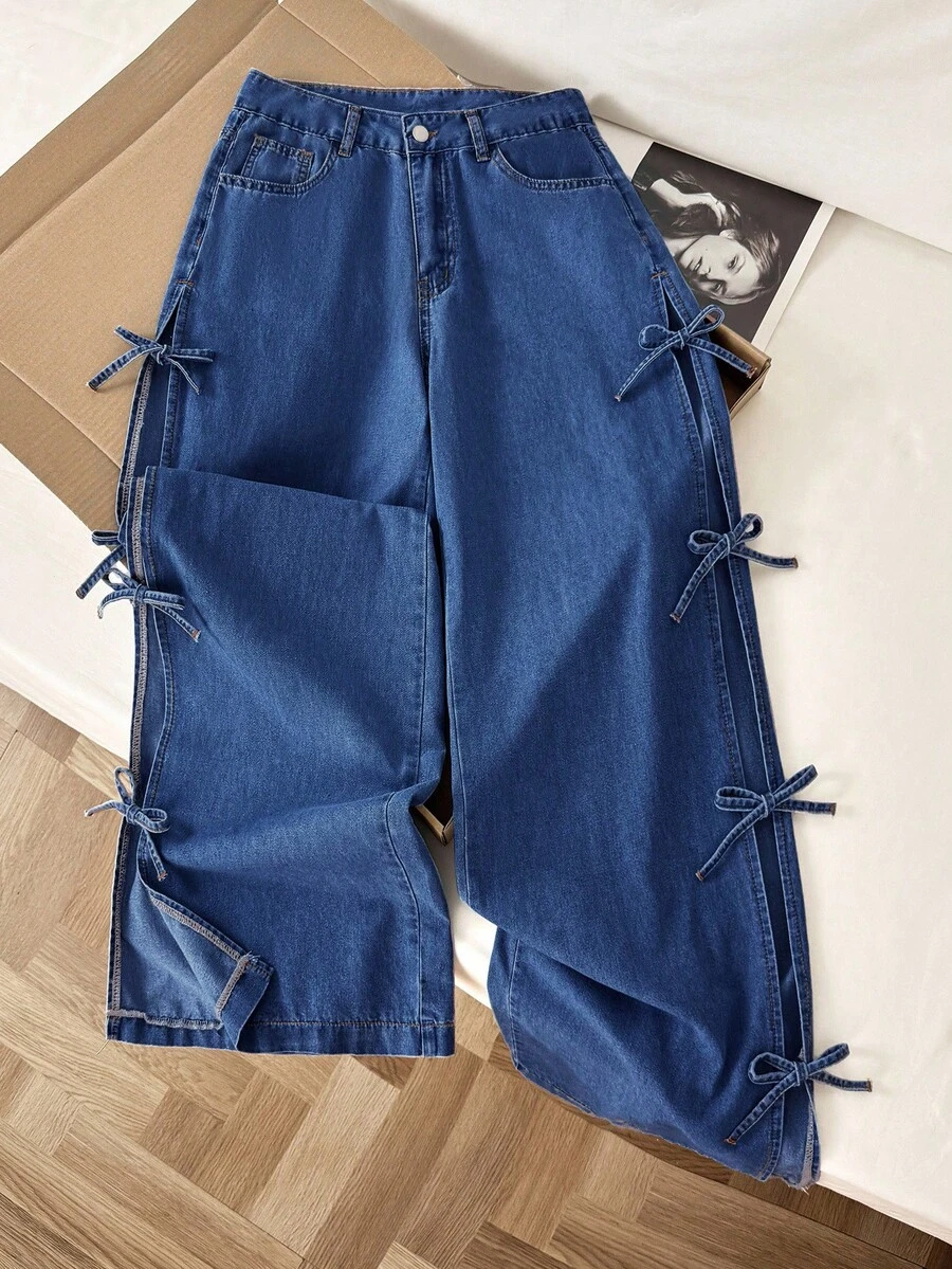 Comfortcana Women's Casual Fashion Street Chic Daily Commute Bow Tie Slit Loose Wide Leg Jeans, Summer - Dark Wash - View 1