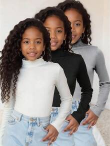 SHEIN 3pcs/Set Tween Girl Casual Cat Print Turtleneck Long Sleeve Thermal Lined T-Shirts - Multicolor - View 6