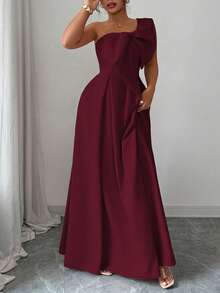 Vestido elegante y romántico con hombro asimétrico y lazo en la cintura en forma de A, adecuado para fiestas, bodas, damas de honor, otoño/invierno, tallas grandes - Burdeos - Ver 4