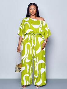 SOLERSUN Conjunto de blusa con cuello asimétrico y estampado integral y pantalones para uso diario para mujer - Verde - Ver 6