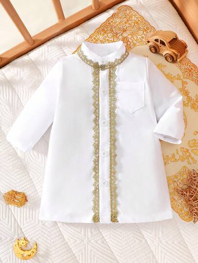 SHEIN Newborn Baby Autumn Spring Arabic Style Top, Traditional Soft Long Sleeve Top With Cute Exotic Vibe, Baby Abaya/Jalabiya, Golden Floral Trim, Full Button Front For Easy Dressing
