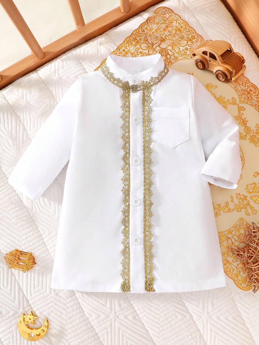 SHEIN Newborn Baby Autumn Spring Arabic Style Top, Traditional Soft Long Sleeve Top With Cute Exotic Vibe, Baby Abaya/Jalabiya, Golden Floral Trim, Full Button Front For Easy Dressing - White - View 1