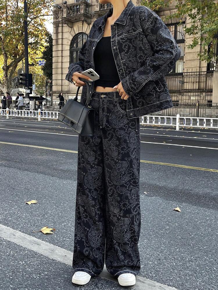 Women's Paisley Print Top And Pants 2 Pieces Set