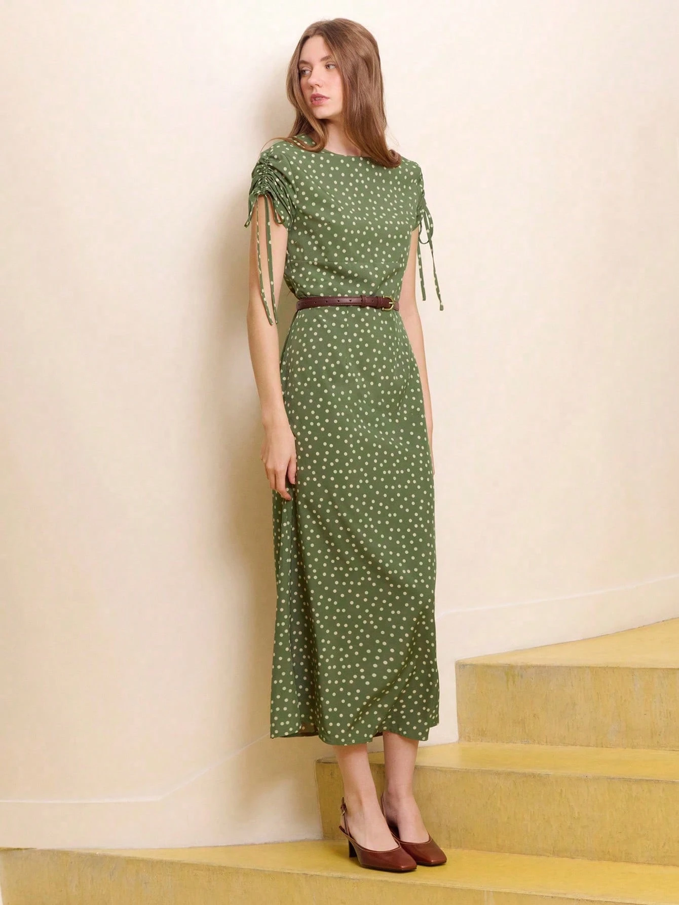 Vestido Longo Elegante de Bolinhas Verde Escuro