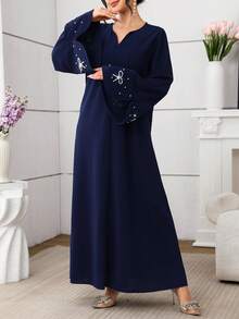 Al Najma Women's Blue Twist Long Sleeve Bubble Pearl Elegant Arabic Dress, Autumn/Winter - Blue - View 4