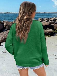Chiquease Women's Loose Round Neck Drop-Shoulder Sweater With American Flag Pattern For Spring And Autumn, Knit Pullover Fall Winter - Green - View 2