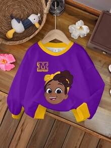 Blippi X SHEIN 女童休闲撞色滚边卡通图案圆领卫衣，秋季 - 白色 - 查看 1