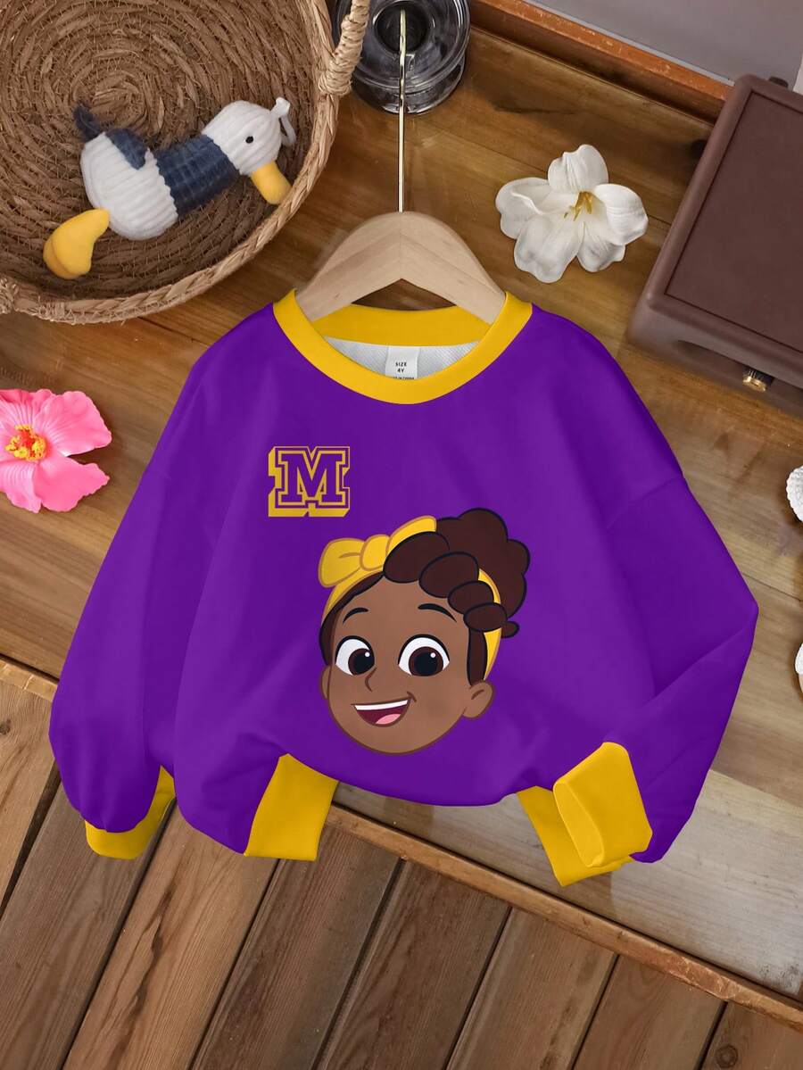 Blippi X SHEIN 女童休闲撞色滚边卡通图案圆领卫衣，秋季 - 白色 - 查看 1