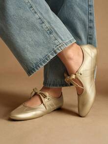 Rosivie 女士休闲百搭通勤简约系带平底鞋 - 金色 - 查看 9
