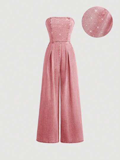 SHEIN MOD Dam enfärgad minimalistisk vardagsklänning med strassdekor axelbandslös denimjump