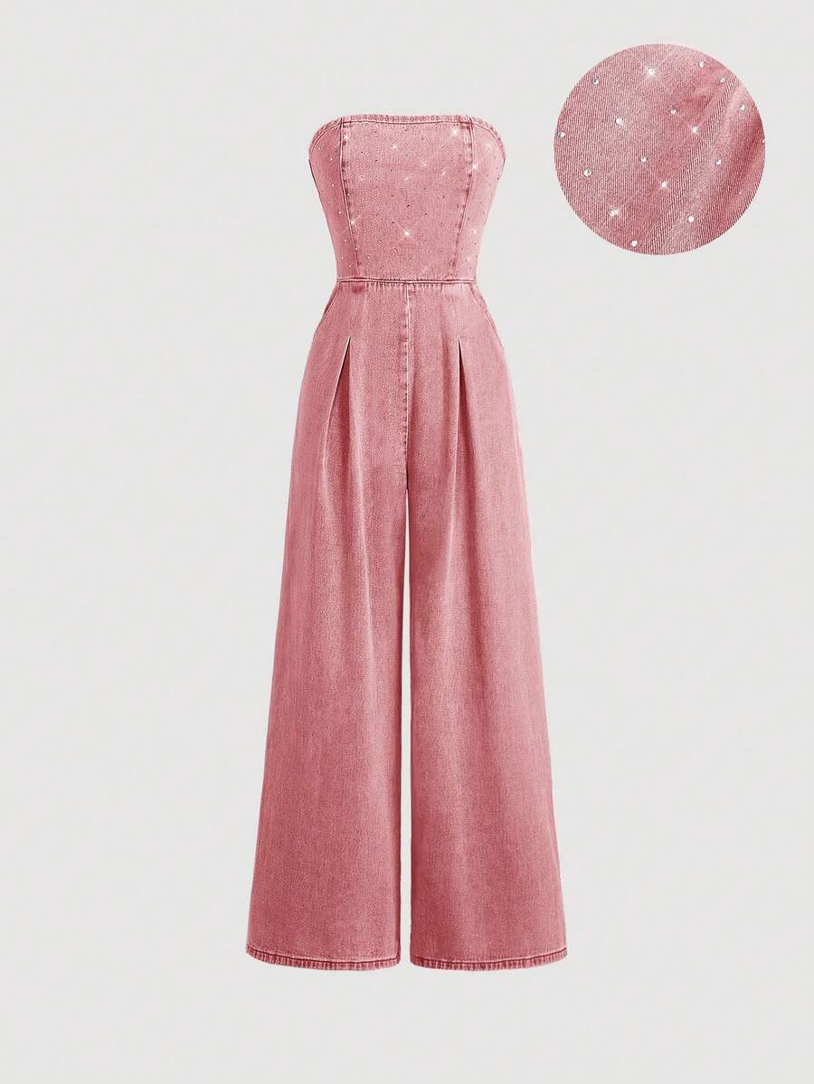 SHEIN MOD 女士纯色简约日常穿搭水钻装饰无肩带牛仔连体裤 - 粉色 - 查看 1