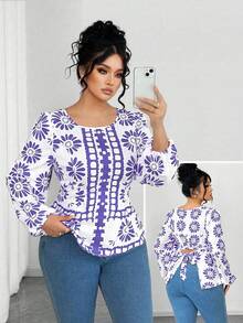 SHEIN Elenzya 女士圆领修身长袖印花衬衫，休闲外套 - 淡紫色 - 查看 1