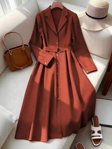 Franclia 大码女式纯色翻领长袖单排扣优雅衬衫裙 - 鏽棕色 - 查看 1